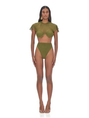 Andrea Iyamah Olive Green Pleated Two-Piece Swim Set